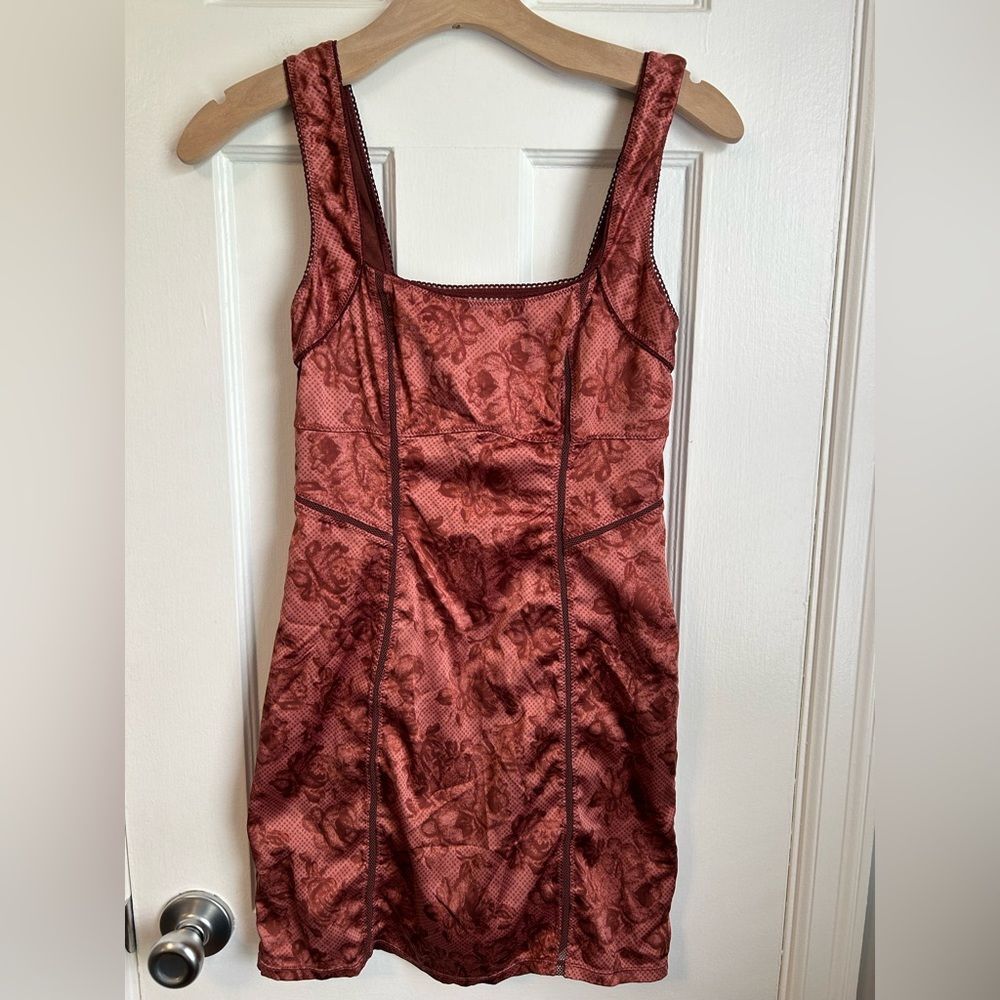 FREE PEOPLE Intimately Y2K Night Gown Slip Mini Dress Crimson Red with Roses